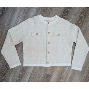 Rachel Zoe Cream Tweed Knit Gold Button Up Classic Cardigan Size XL